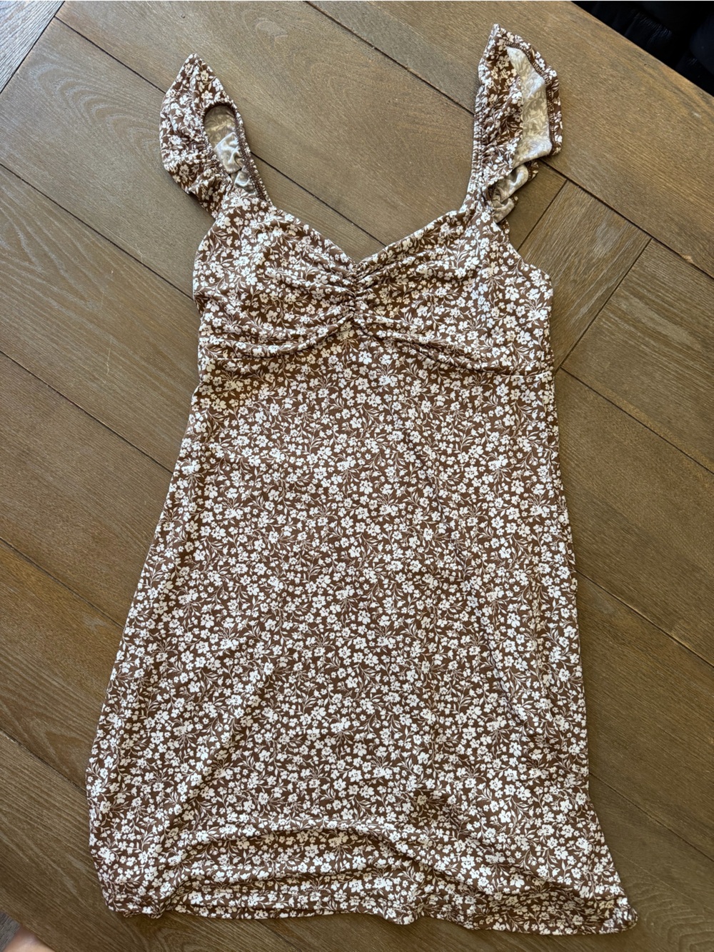 Fashion Nova Brown & White Floral Ruffle-Strap Mini Dress